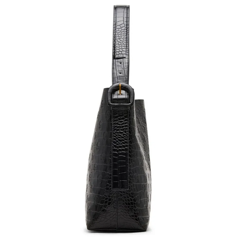 NWT~BETSEY JOHNSON Black Skull & Croc Headquarters Bucket Shoulder Bag~$98 Rtl